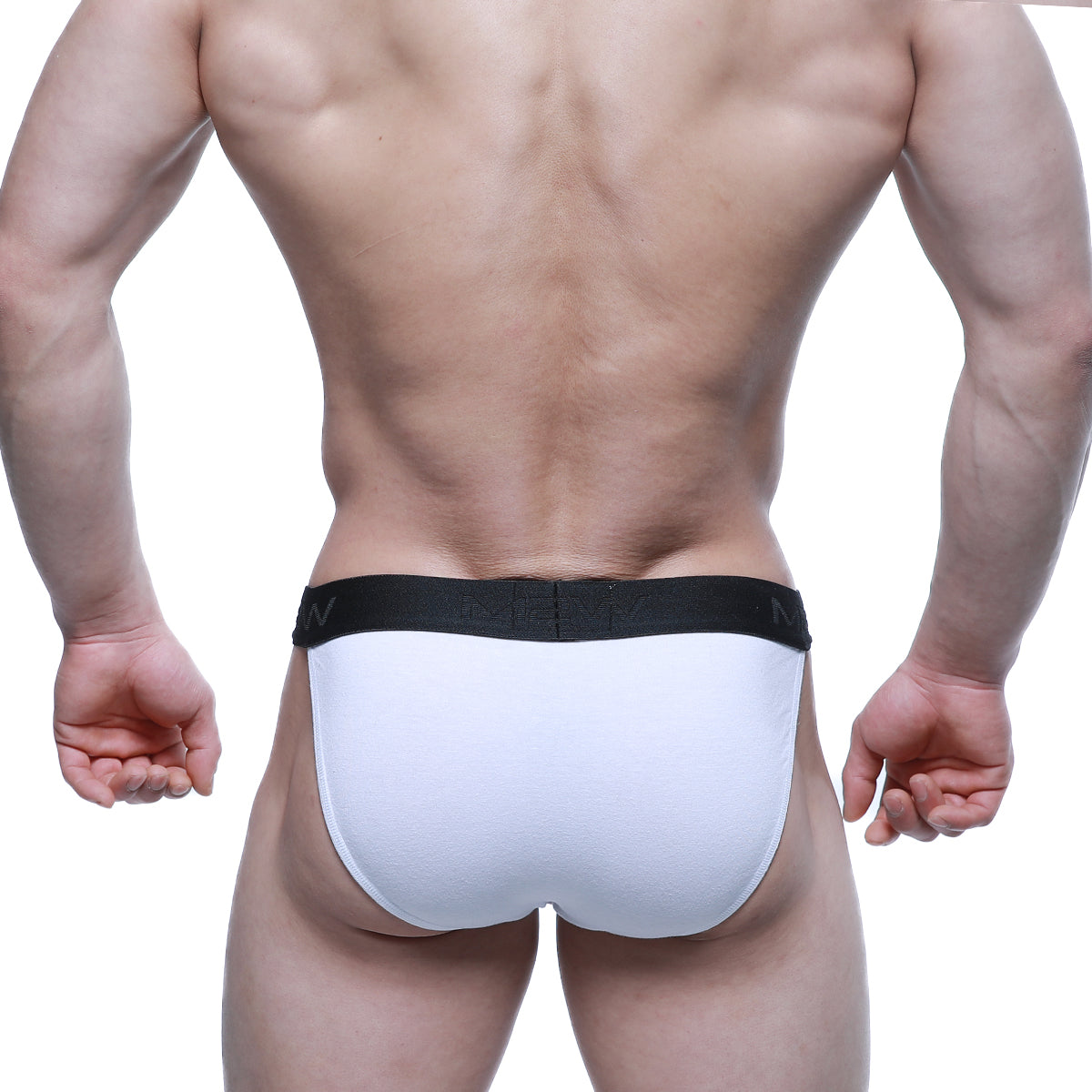 White briefs with black elastic waistband and subtle branding from metromalewear asian bikini cristalino 3004-70