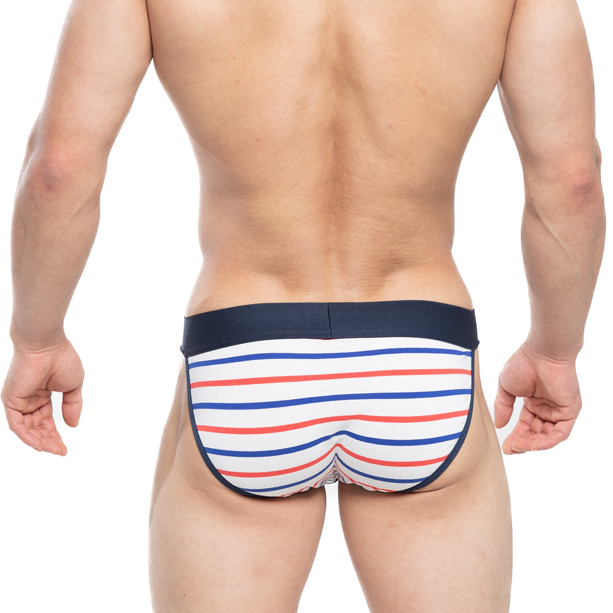 Striped men’s briefs in white red and blue with navy waistband from MetroMaleWear sailor stripe bikini 3004-75