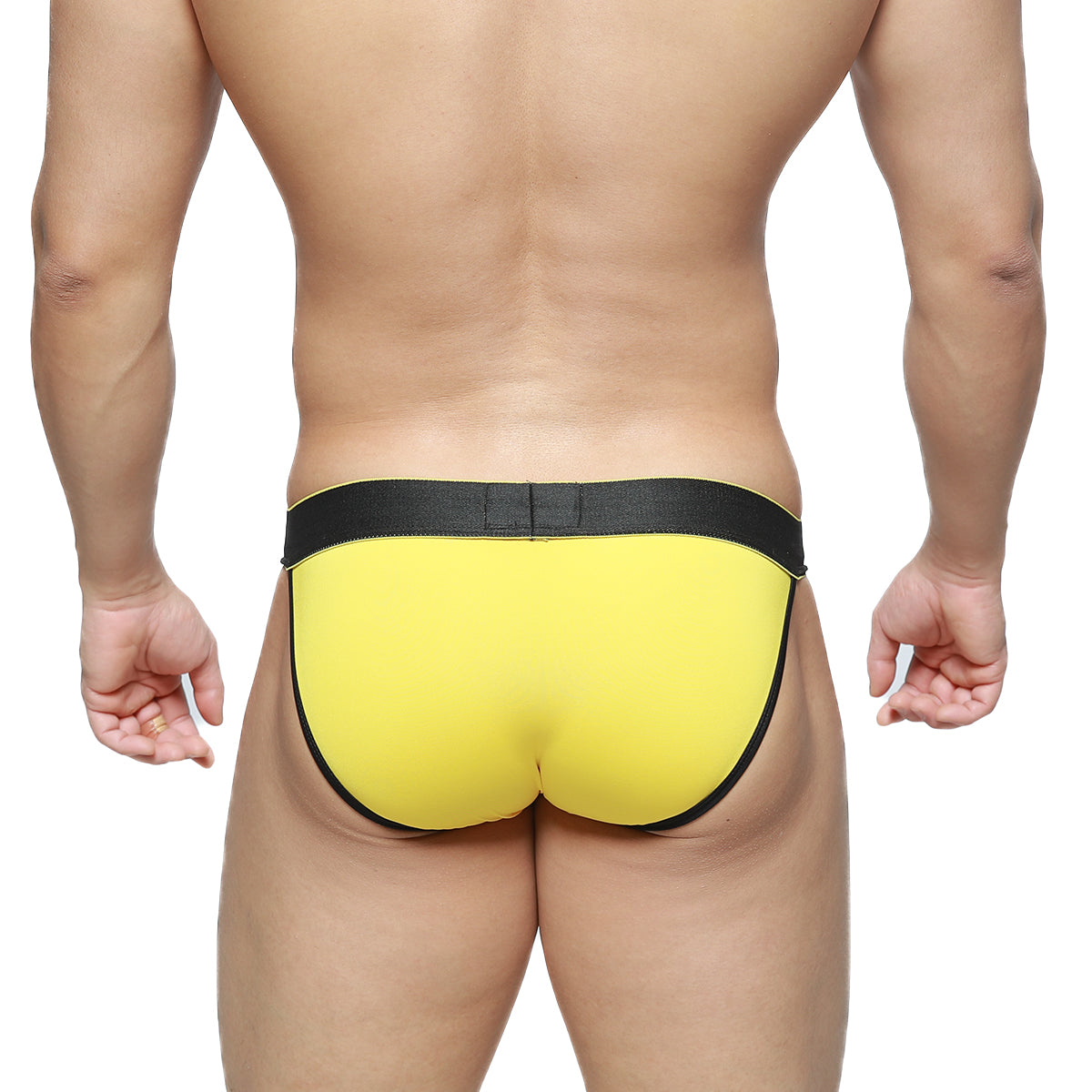 Bright yellow briefs with black elastic waistband and trim by metromalewear goldmine bikini 3004-80