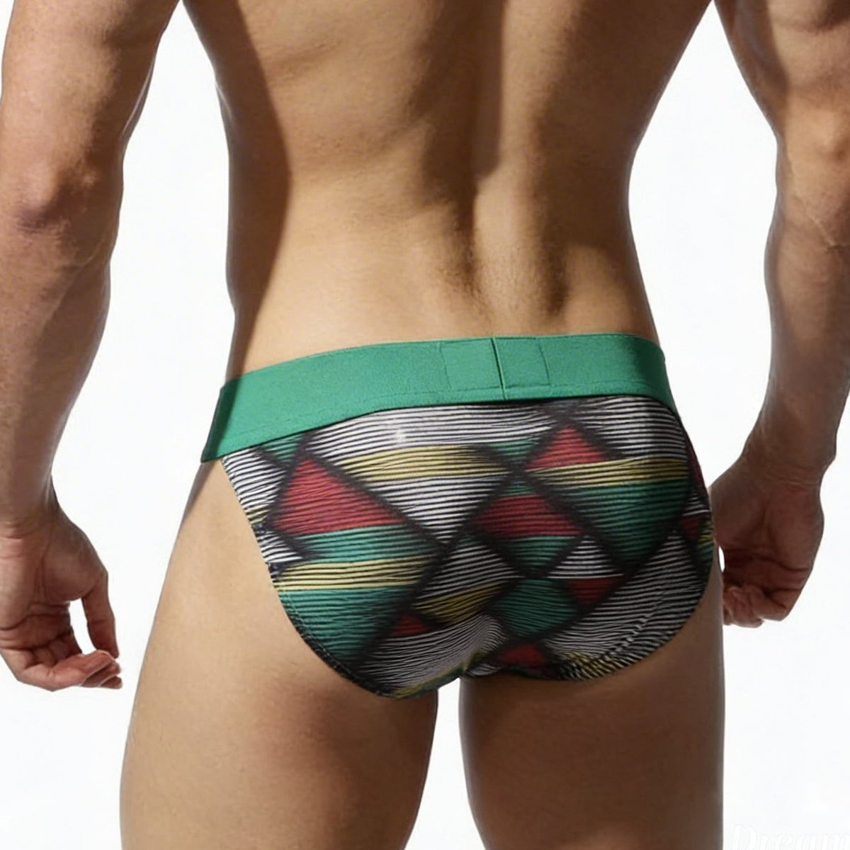 MetroMaleWear Cebada Bikini 3004-86 green and multicolored geometric patterned men’s briefs with solid green waistband
