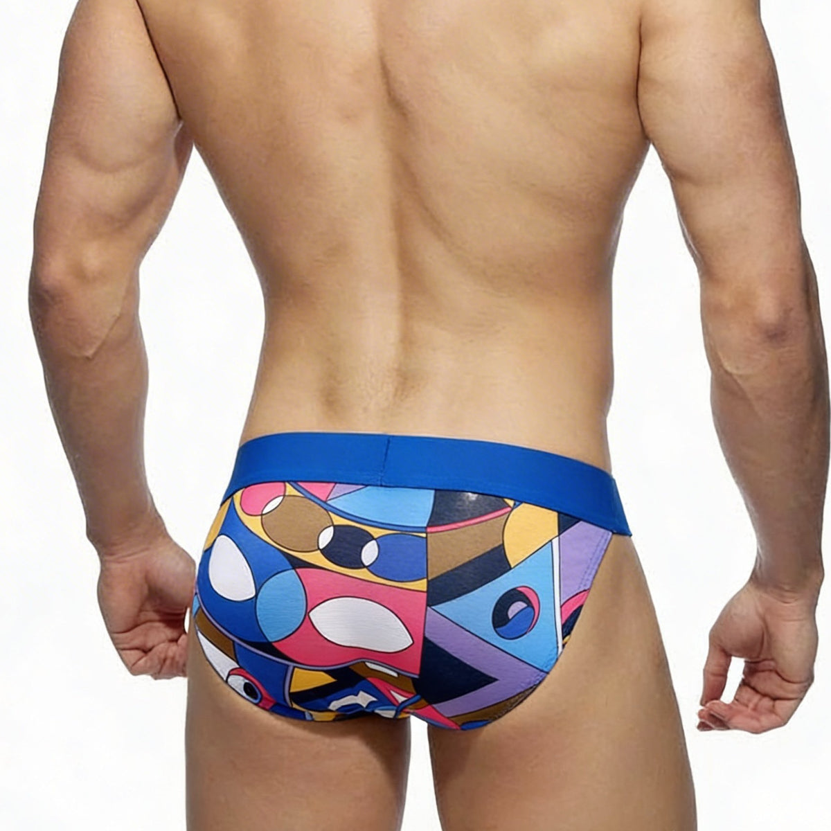 MetroMaleWear Picasso Bikini 3004-87 swim trunks with vibrant geometric pattern and bold blue waistband for men