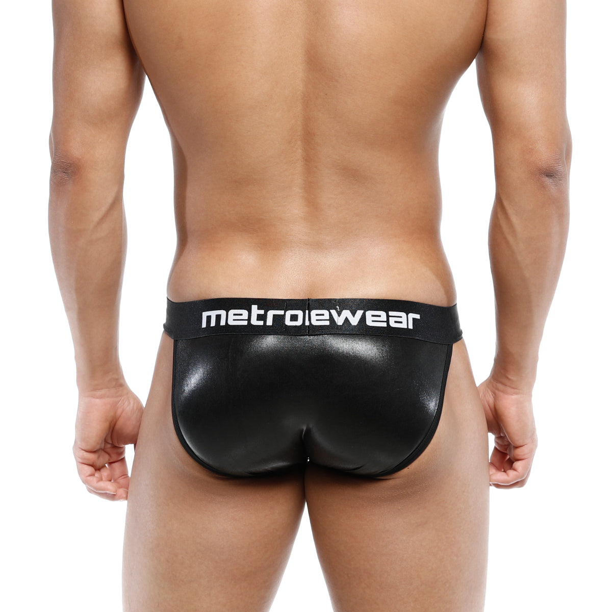 Black metallic-finish leather bikini briefs with metroiewear branded waistband from MetroMaleWear model 3004-F20