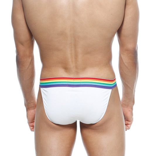 White briefs with a rainbow-colored elastic waistband from MetroMaleWear Pride Bikini white 3004-R00 collection