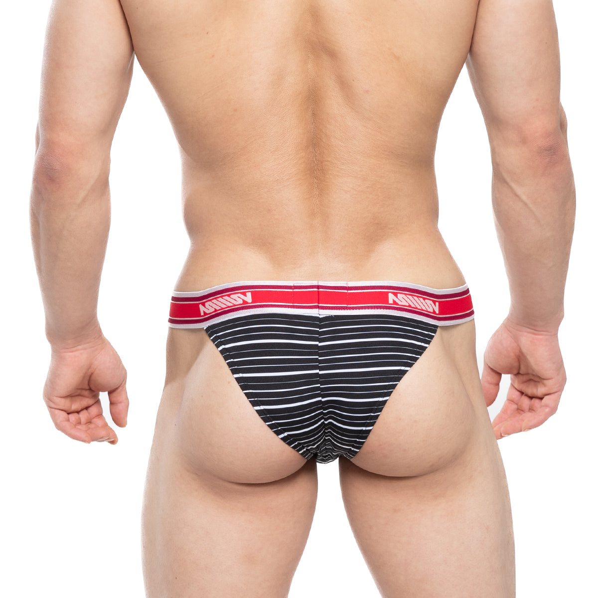 Black and white striped mens briefs with red amin waistband metro malewear ostion bikini stripe 3005-40