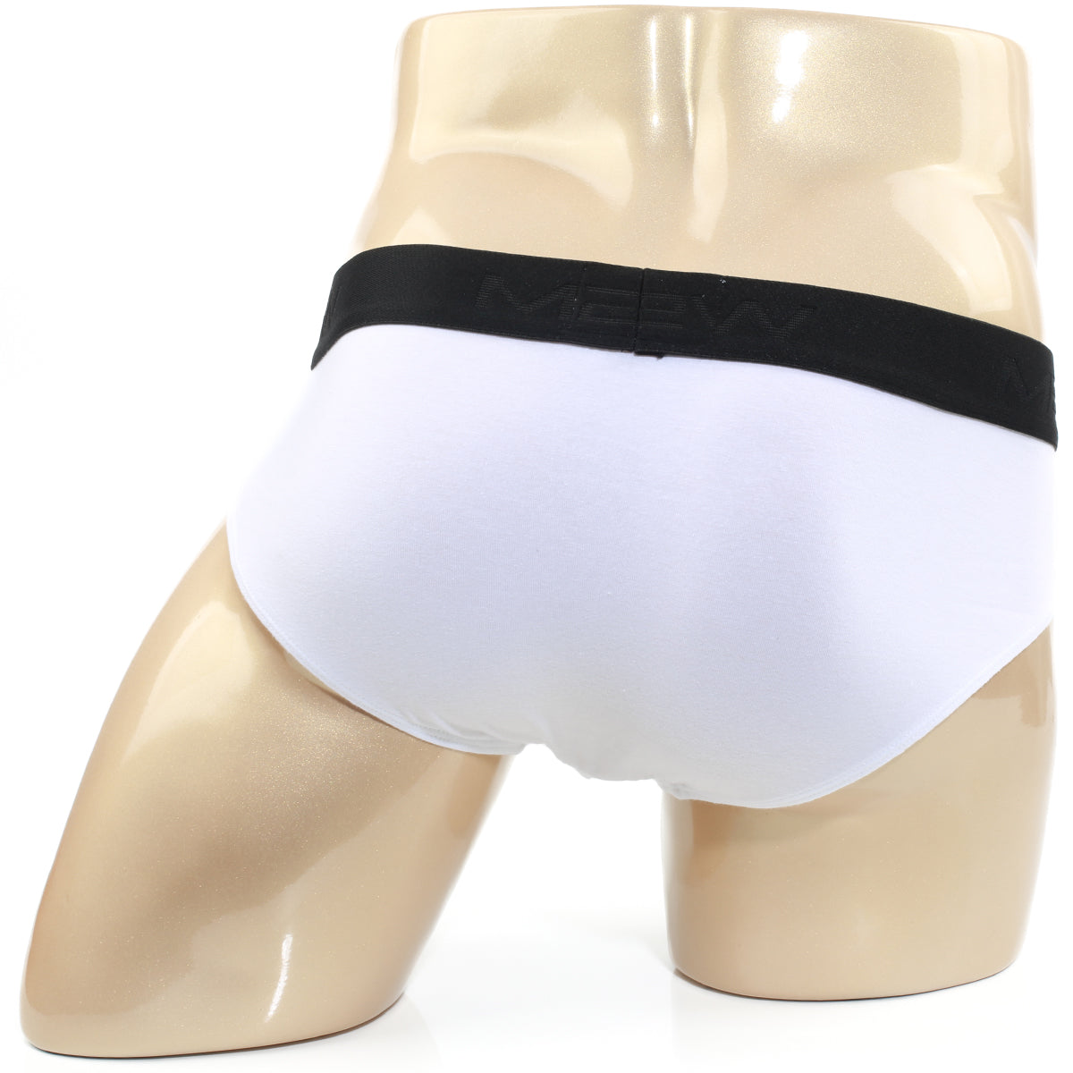 White cotton hip briefs with black elastic waistband featuring meev brand logo metroMalewear cristalino 3006-02