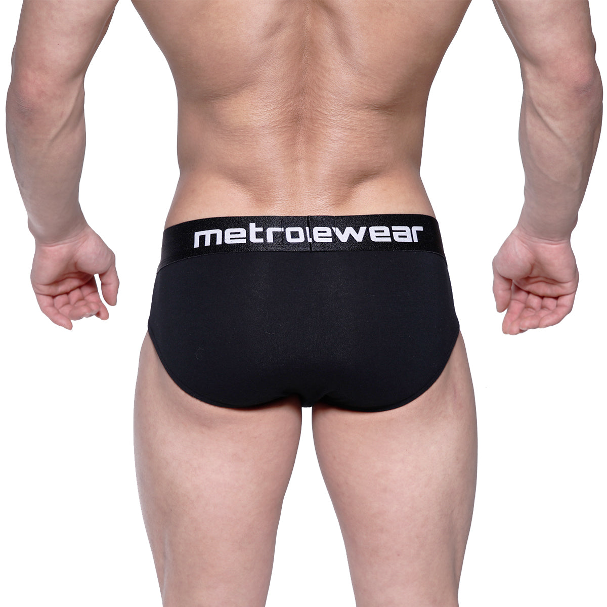 Black MetroMaleWear cotton hip briefs with a white logo band showing front side design and comfortable fit
