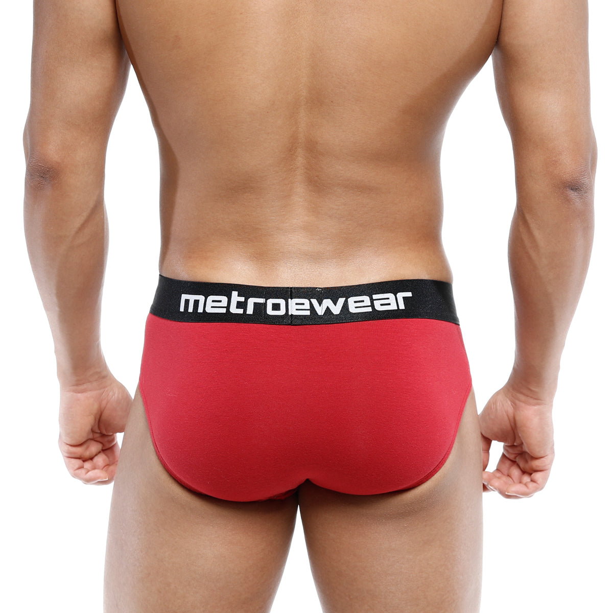 Red metrowear cotton hip briefs in terracotta with a black waistband featuring white lettering