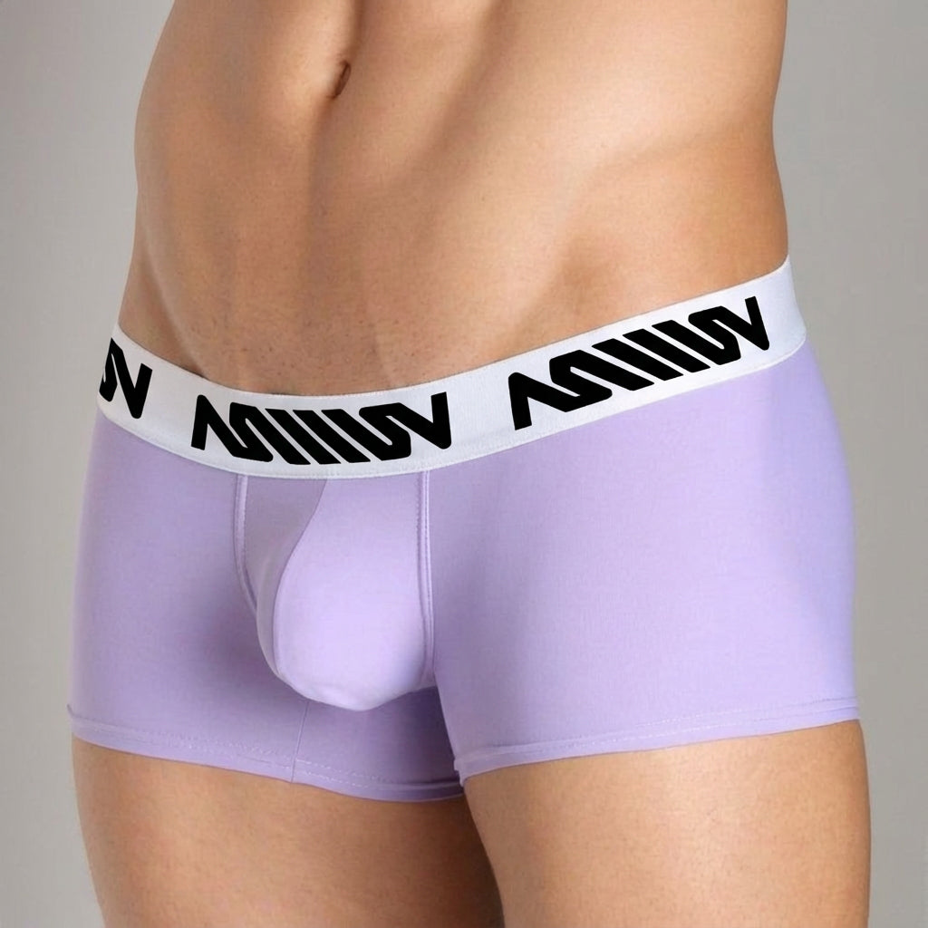 Lavender MetroMaleWear Bulge Boxer men’s briefs with white elastic waistband and black stylized lettering