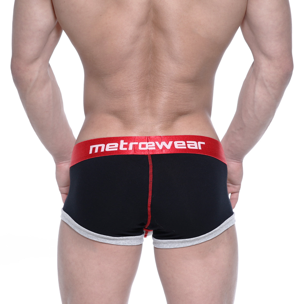 Black men’s briefs metroMalewear trio boxer black 3013-41 with red waistband metroMalewear logo and gray leg trim