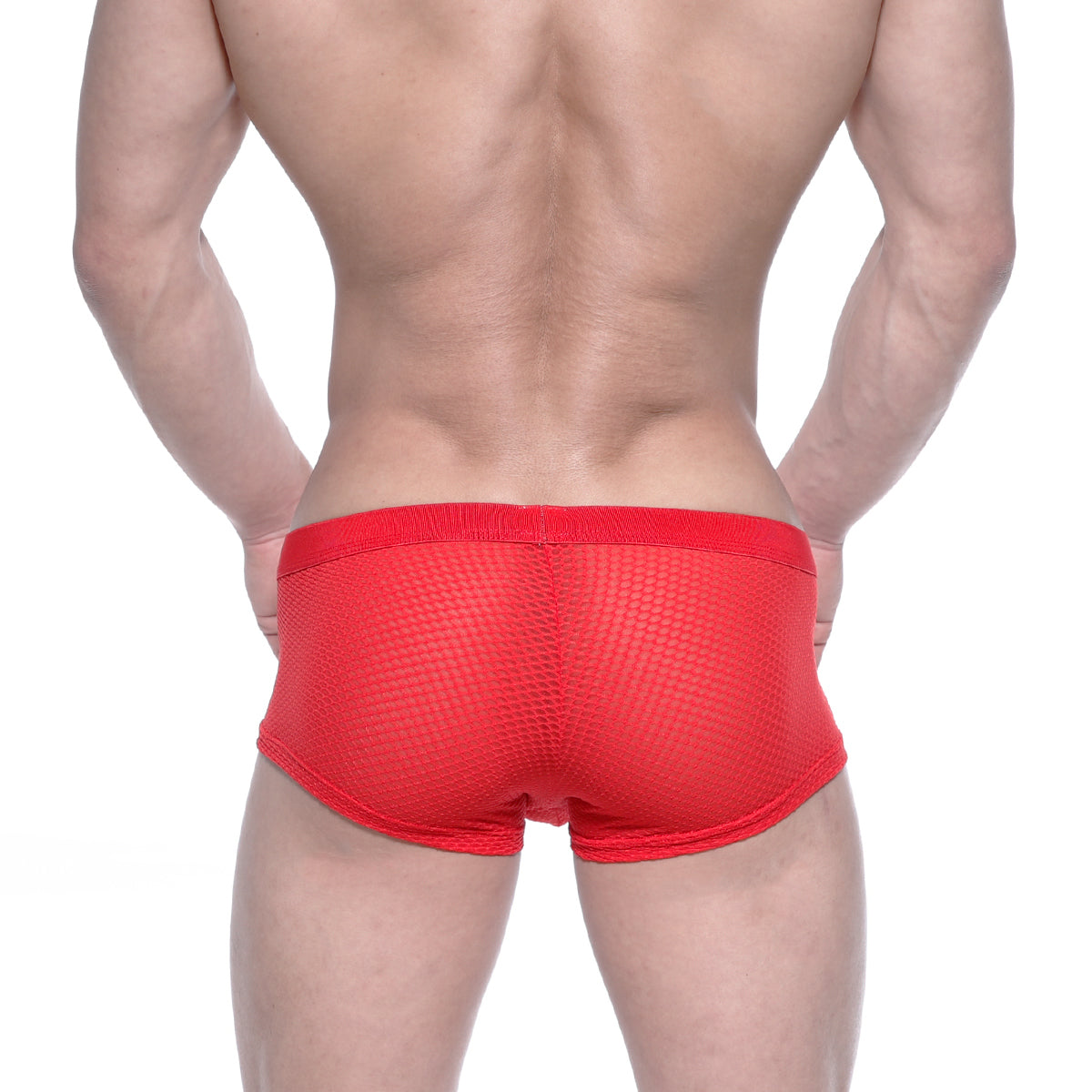 Red mesh metro malewear bulge boxer briefs with a snug form-fitting design in vibrant red mesh material