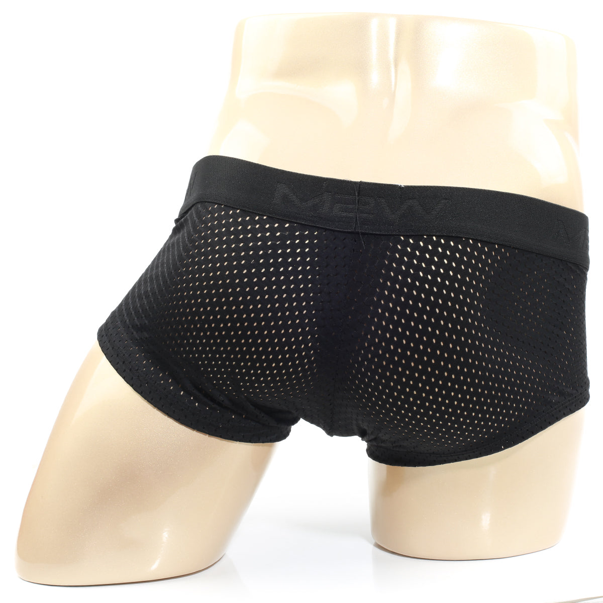 Black mesh MetroMaleWear MAX mesh boxer briefs with a solid elastic waistband featuring the mebw logo