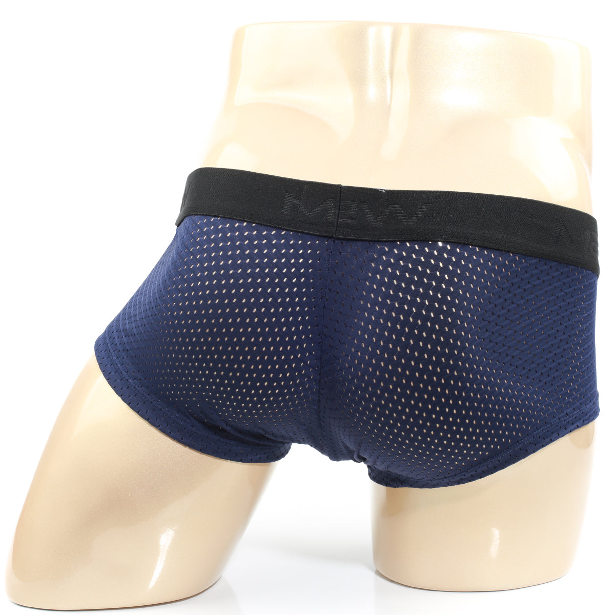 Navy blue mesh briefs with black elastic waistband featuring mevv logo metro malewear max mesh boxer 3013-76