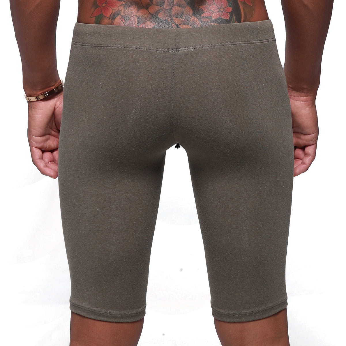 Olive green cotton stretch bike shorts with high waistband and ribbed cuffs by metromalewear model 3020-26