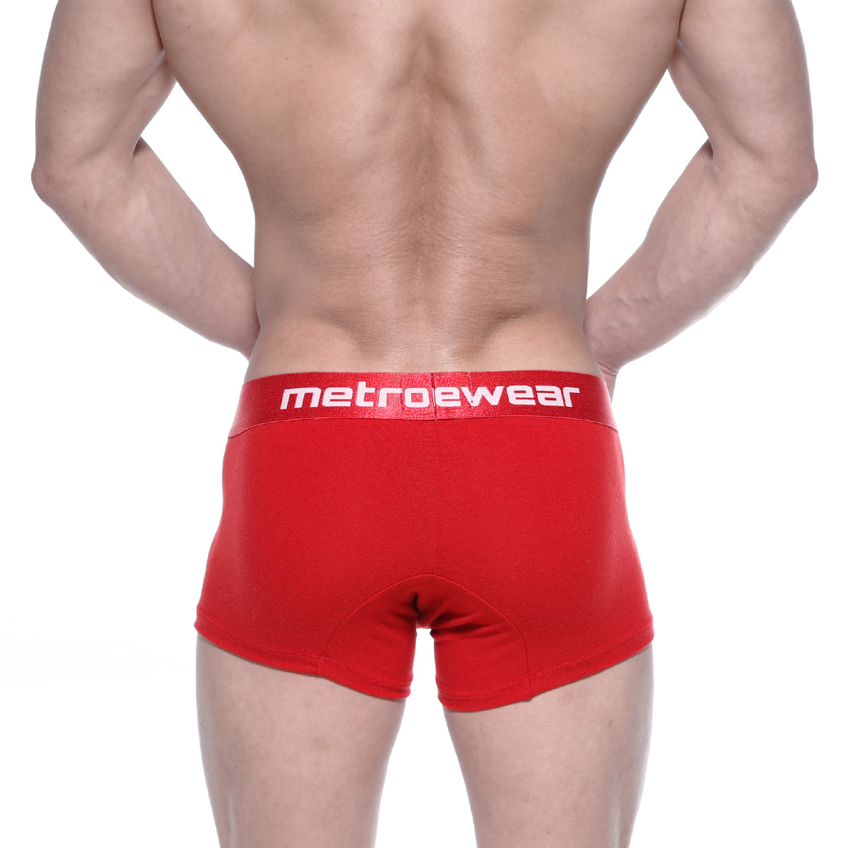 Red metrowear cotton boxer briefs in crimson with a white logo waistband designed for everyday comfort and style