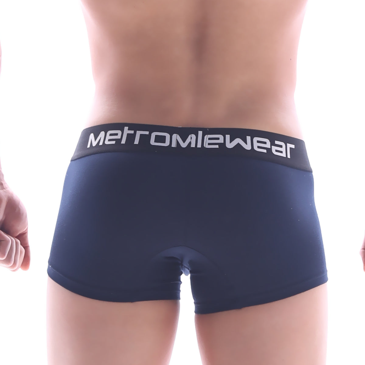 Navy blue metromalewear short boxer briefs with black waistband and white lettering 7 inch length