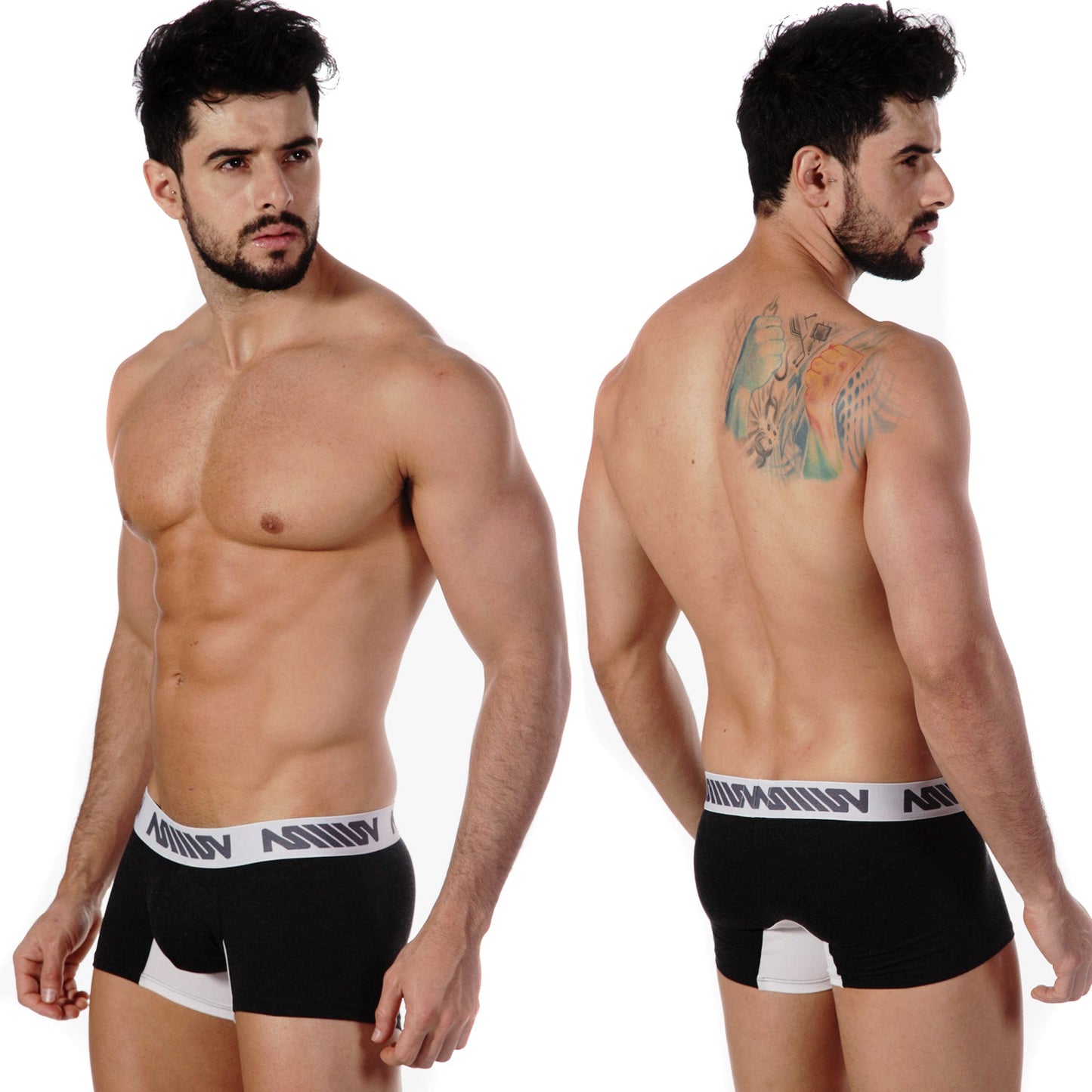 Black MetroMaleWear bi-color short boxer briefs with white trim and repeating logo band in heather fabric