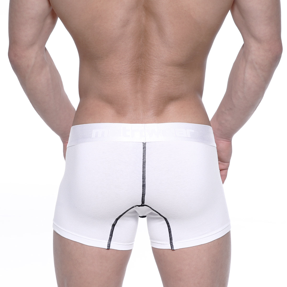 White men’s cotton boxer briefs with black seam stitching and subtle logo on waistband metro male wear 7 inch