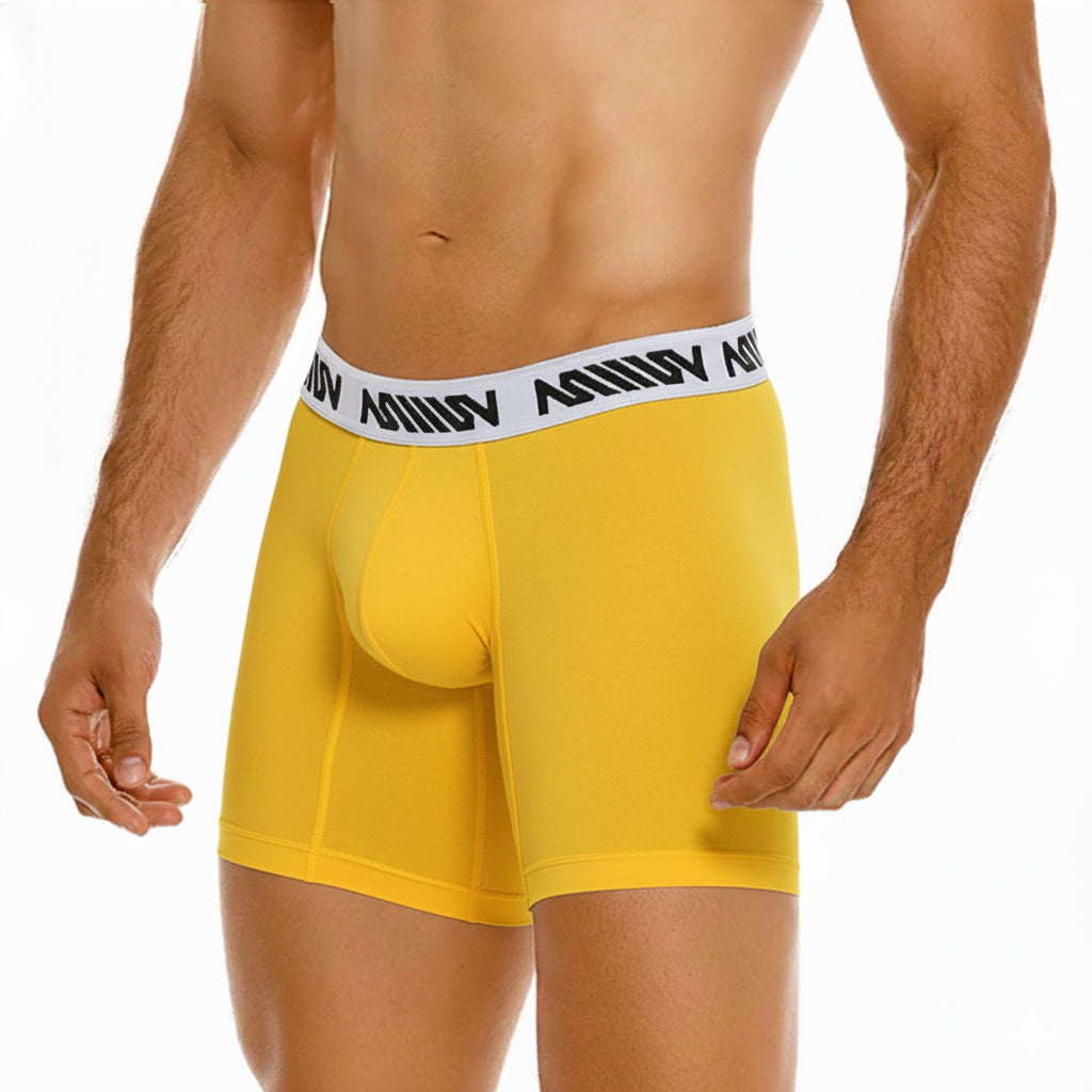 Bright yellow cotton metro malewear mid boxer briefs with white waistband and black logo text for men