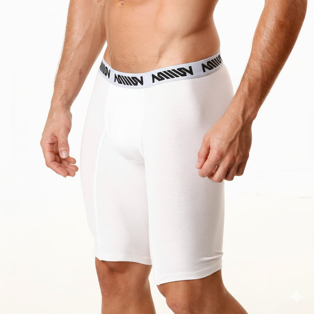 White men’s cotton compression shorts metro malewear with 15 inch length and black aquav logo waist band