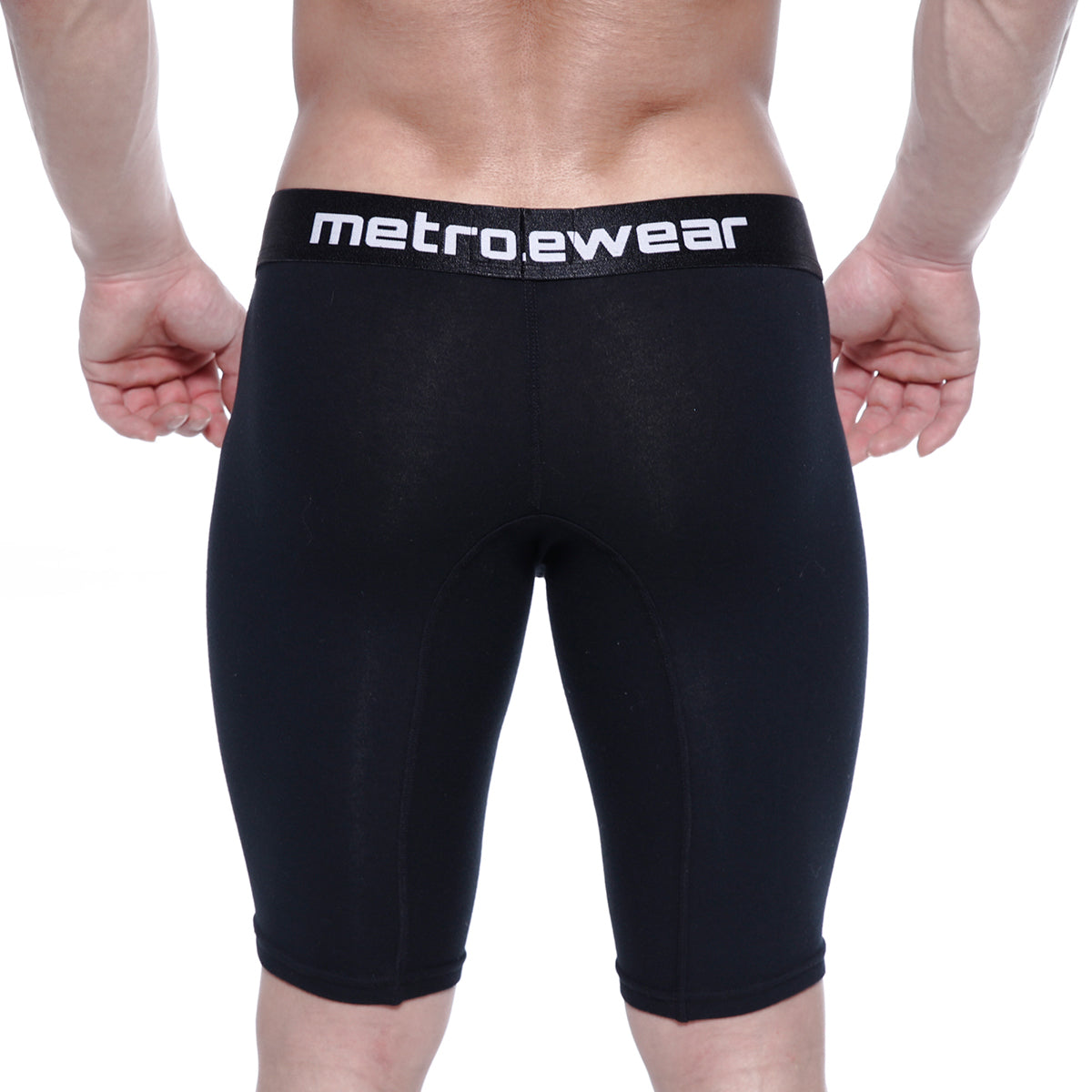 Black metrowear cotton compression shorts with elastic waistband and snug form-fitting design in metro malewear 15 inch model