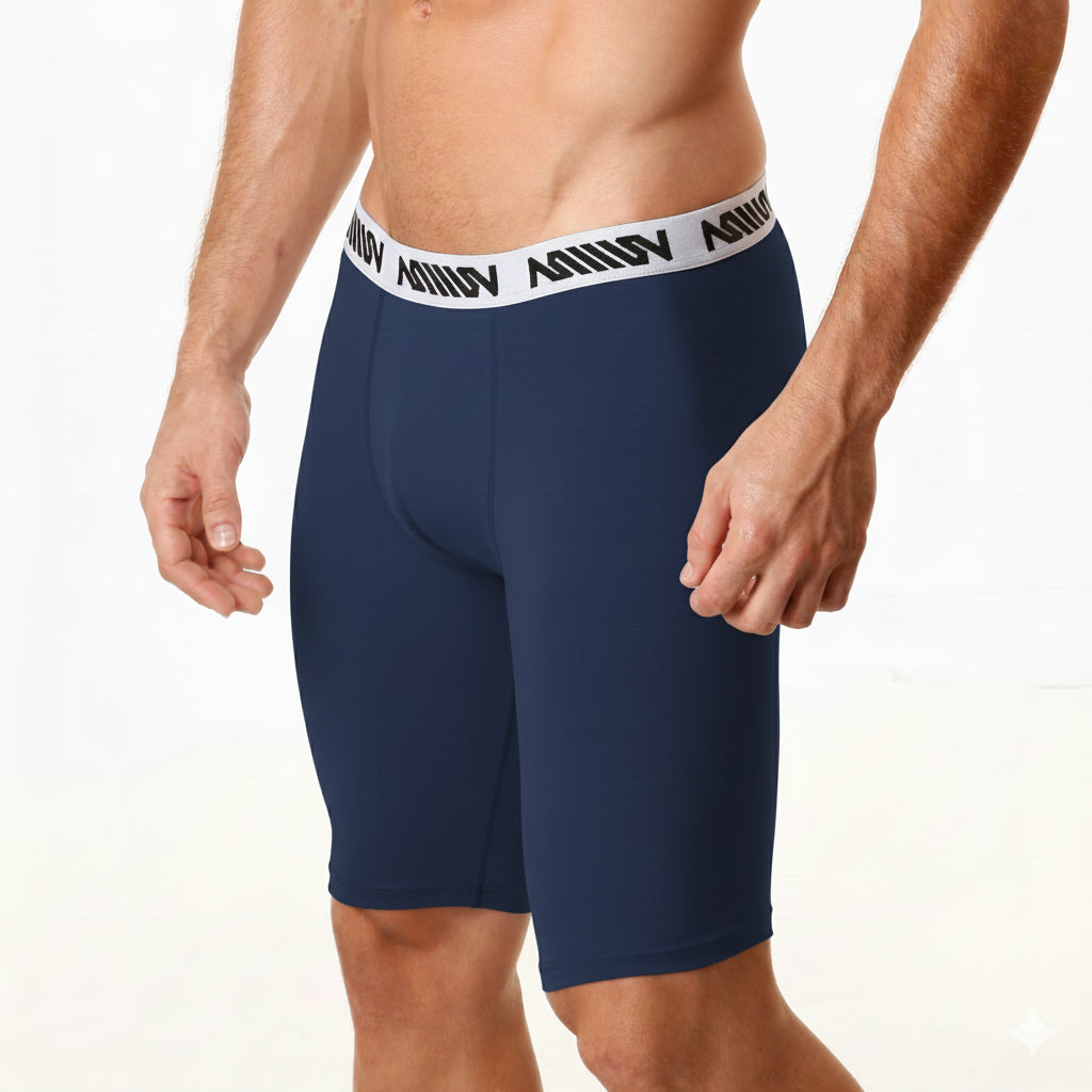 Navy blue cotton athletic briefs with white elastic waistband featuring black metro malewear logo text front view