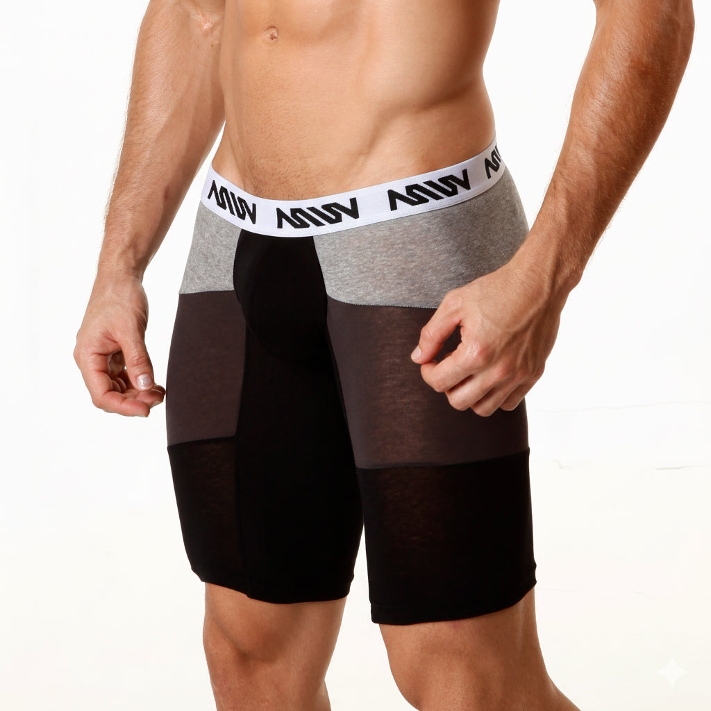 Black and gray cotton athletic boxer briefs with white adidas logo waistband from metromalewear long short 15 inch collection
