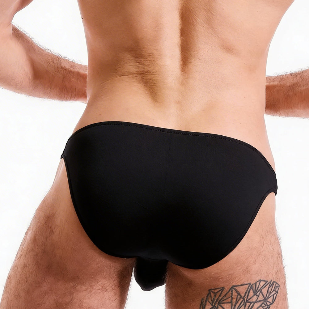Black sleek form-fitting swim trunks with smooth fabric finish perfect scene cotton bikini by metromalewear