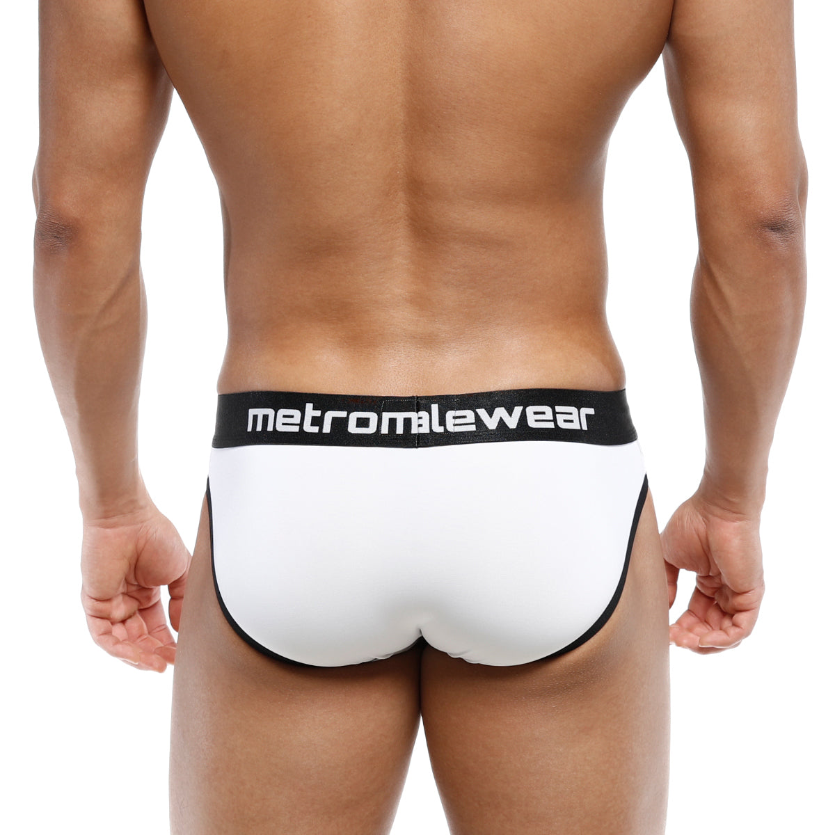 White metro malewear martini brief 3103-00 with black trim and waistband featuring metro malewear logo