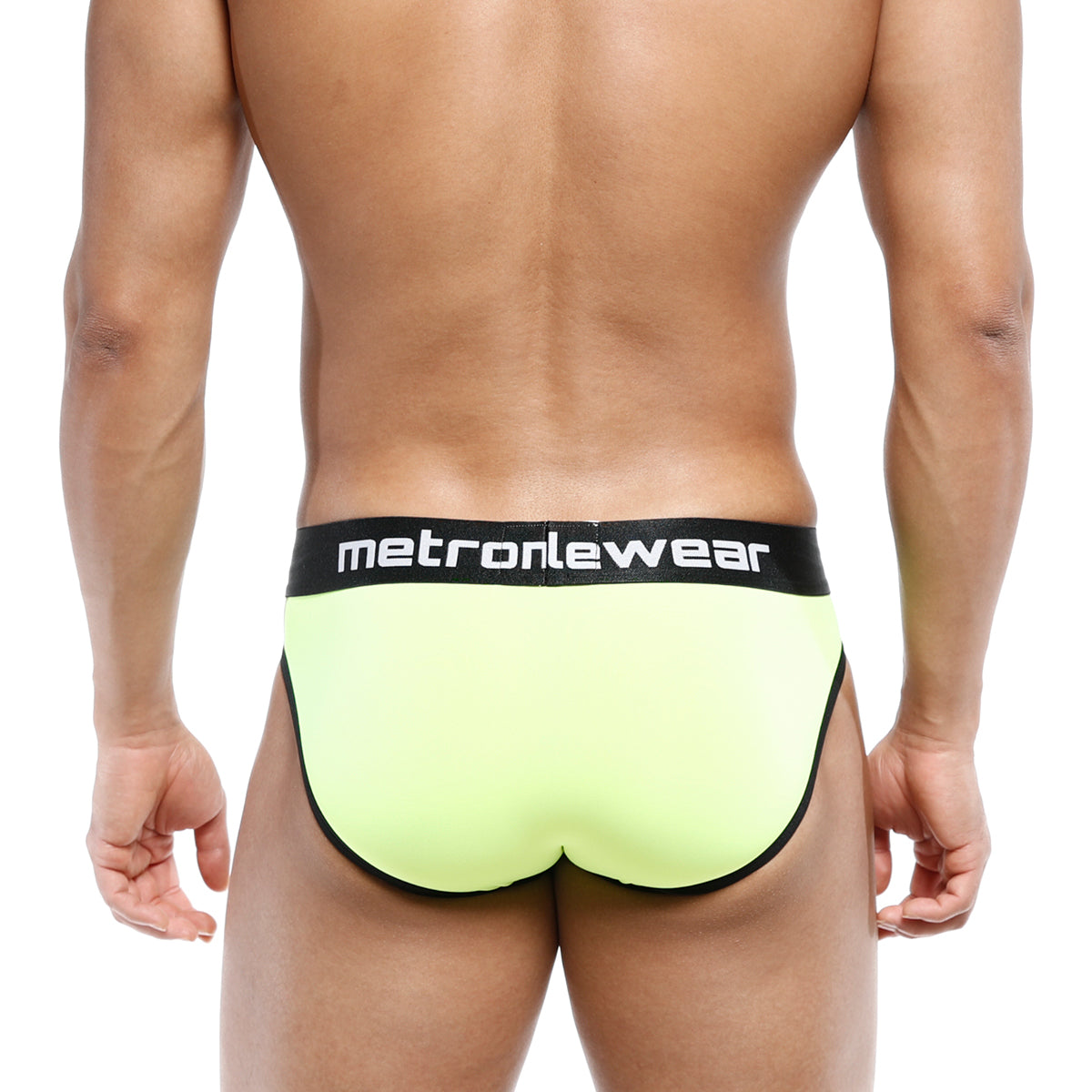 MetroMaleWear Martini brief neon green bright yellow with black trim and waistband featuring MetroMaleWear logo