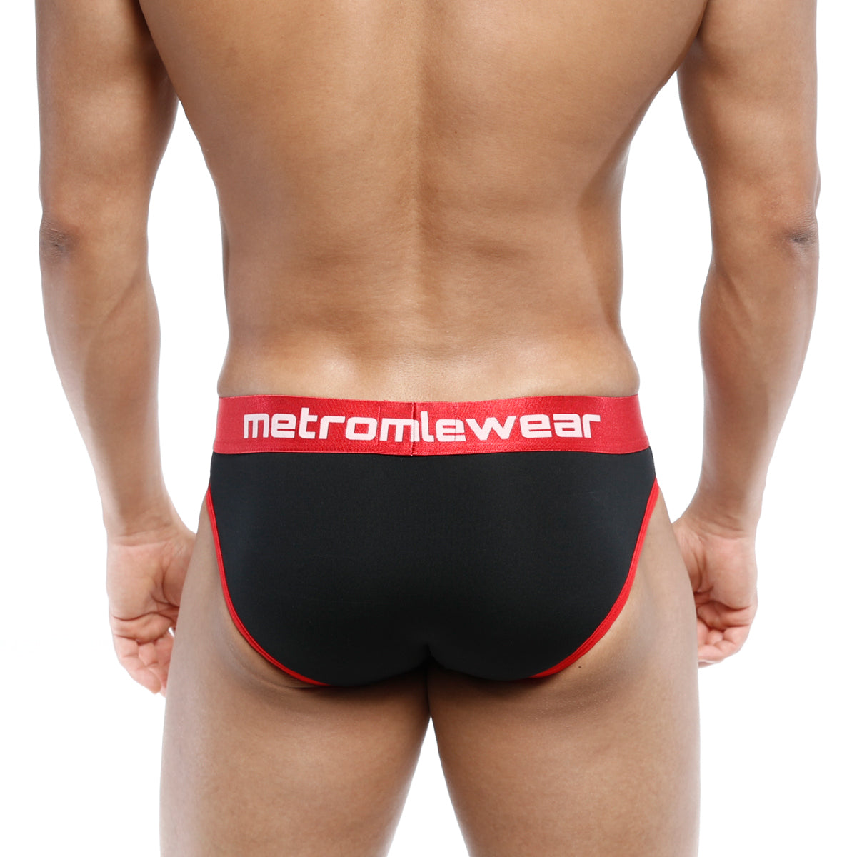 MetroMaleWear Martini brief black 3103-20 with red trim and waistband featuring white MetroMaleWear logo