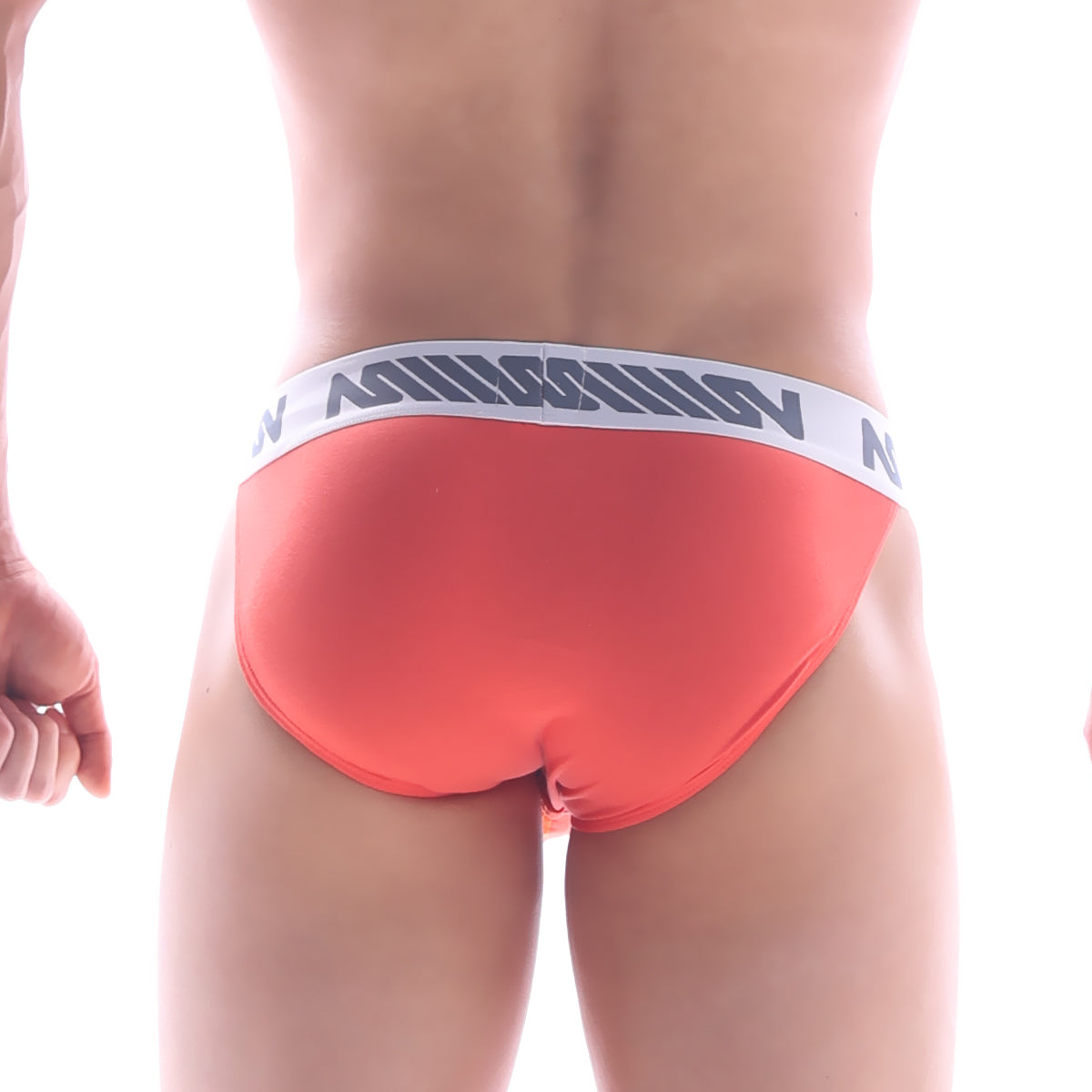 Orange briefs with a white waistband featuring black lettering by metromalewear grabit bikini 3105-14