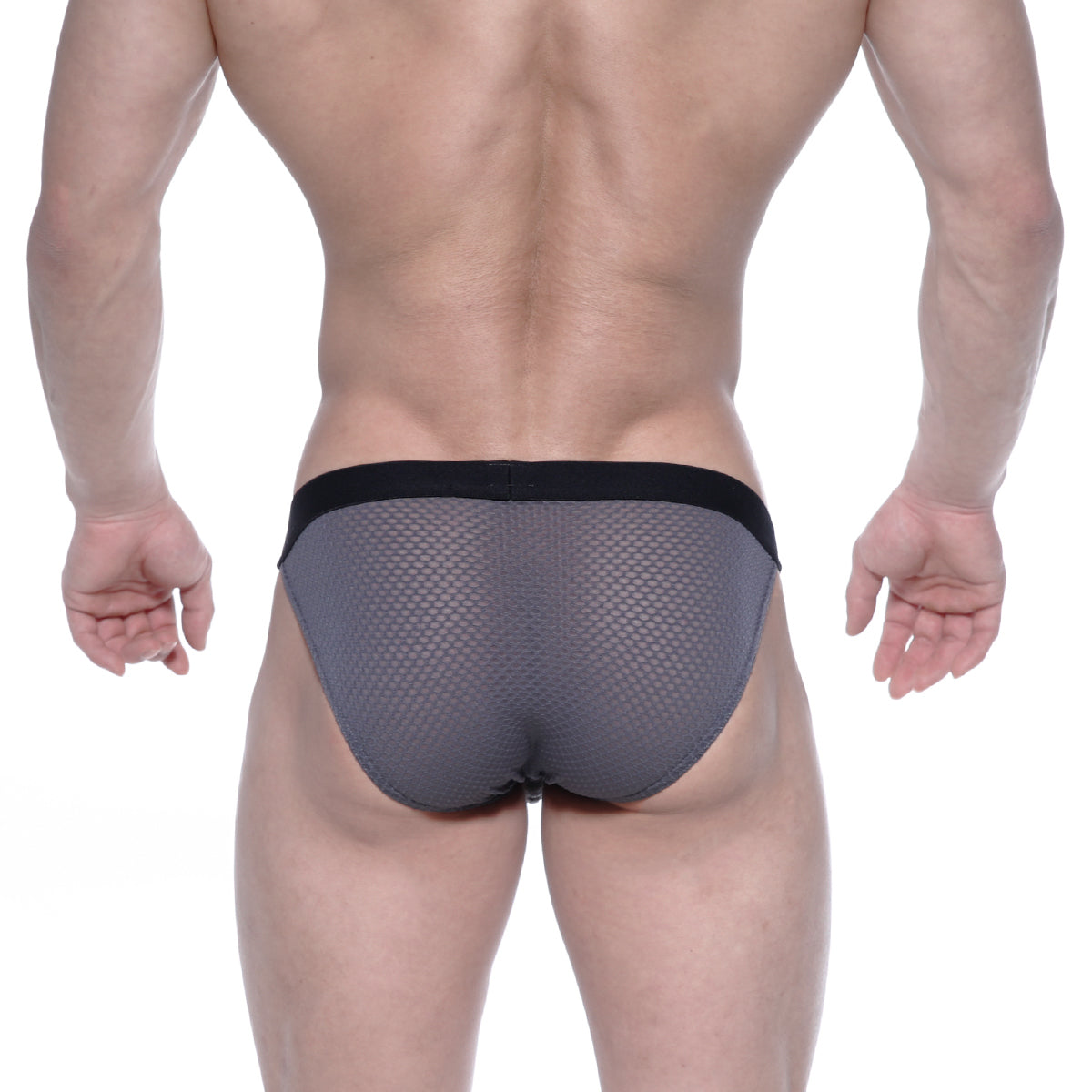 Gray mesh briefs with black elastic waistband from metromalewear grabit bikini 3105-72