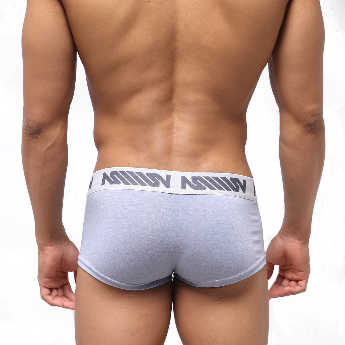 Metro male wear light gray athletic briefs with white waistband and dark gray logo pattern for active use