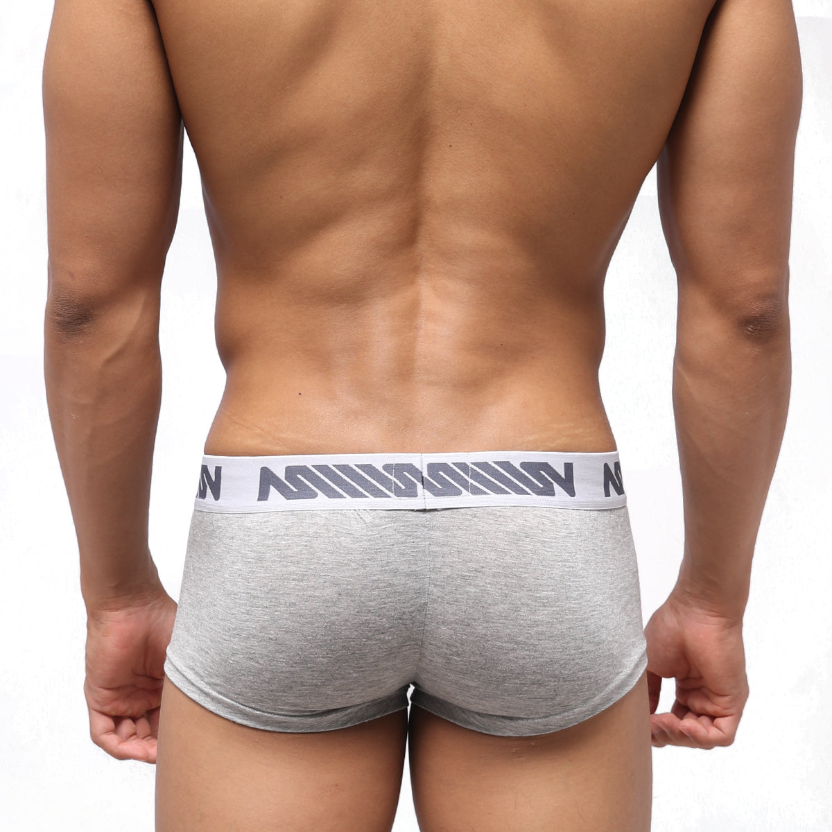 Gray heathered briefs with white elastic waistband featuring gray n logo pattern from metromalewear pocket short boxer gray 3113-10