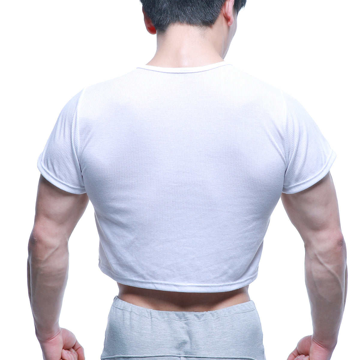 White ribbed short sleeve crop top from MetroMaleWear made of soft fabric for a comfortable stylish fit