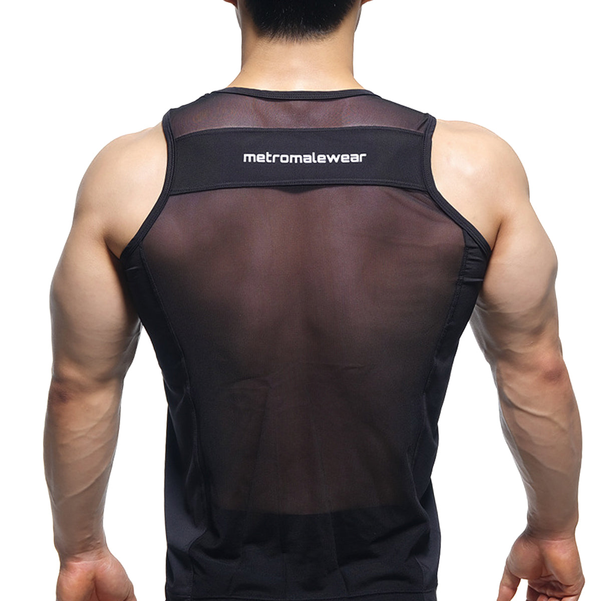 Back view of metro malewear sheer runner tank top black mesh with solid band and white metromalewear branding