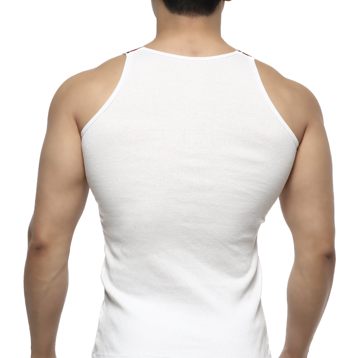 White ribbed tank top with thin straps from metromalewear relaxed tank collection in soft cotton fabric