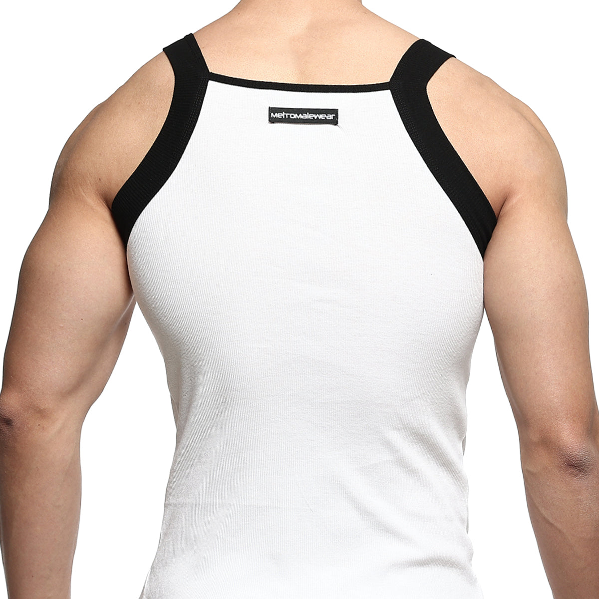 White ribbed square cut tank top with black shoulder straps and metromalewear label on the back side