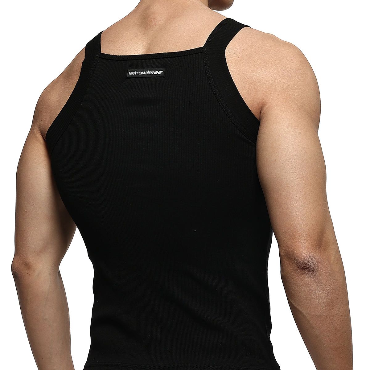 Black ribbed tank top with square neckline and shoulder straps showing metromalewear label at the back