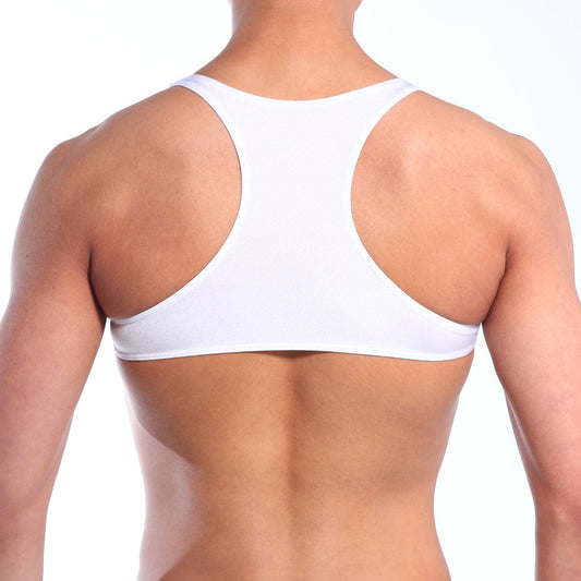 White racerback sports bra metro malewear top y with wide straps and seamless finish for activewear use