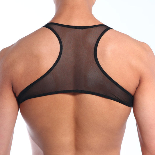 Black mesh backless top metroMaleWear with sleek form-fitting design and breathable mesh material