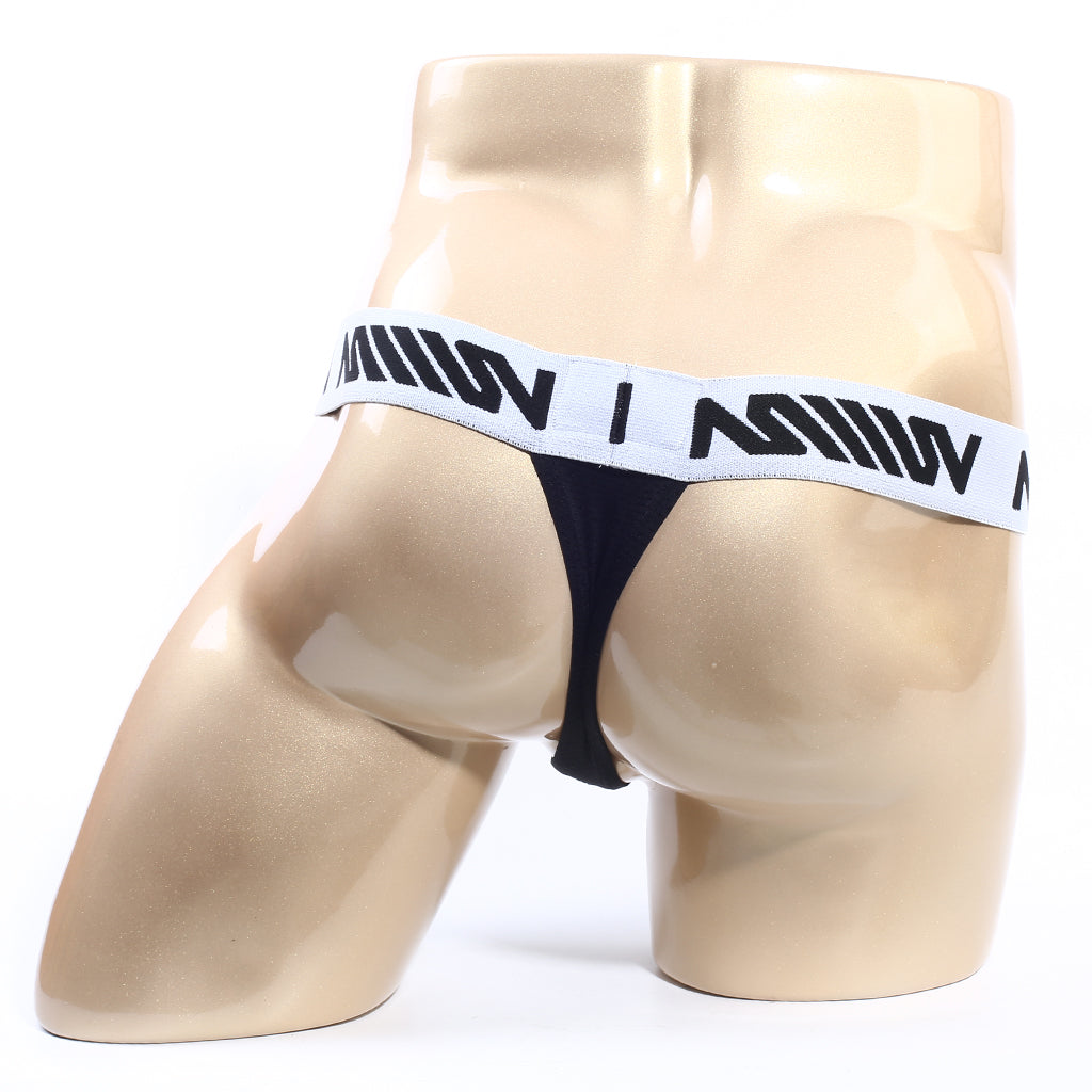 Black thong with white elastic waistband featuring bold black lettering from MetroMaleWear Max Thong 3202-21 front side view