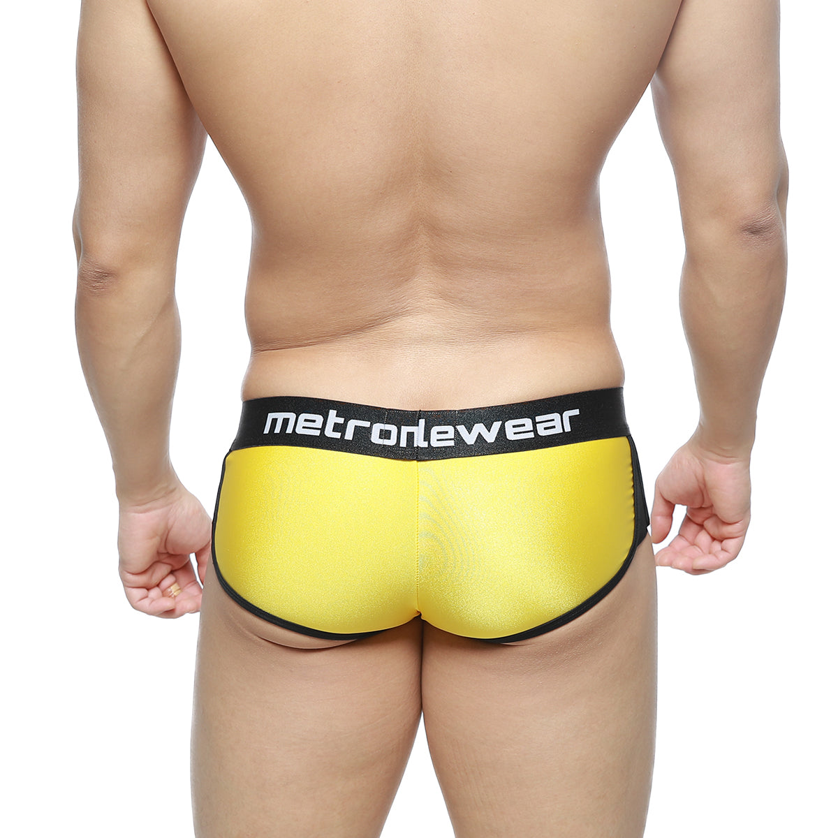 Bright yellow metallic MetroMaleWear active boxer briefs with black elastic waistband and metronewear branding