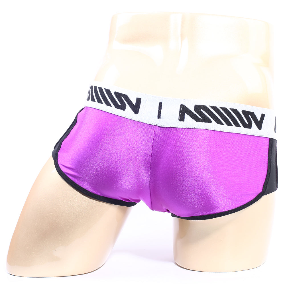Purple satin briefs with black trim and white waistband featuring bold black lettering from metromalewear active boxer