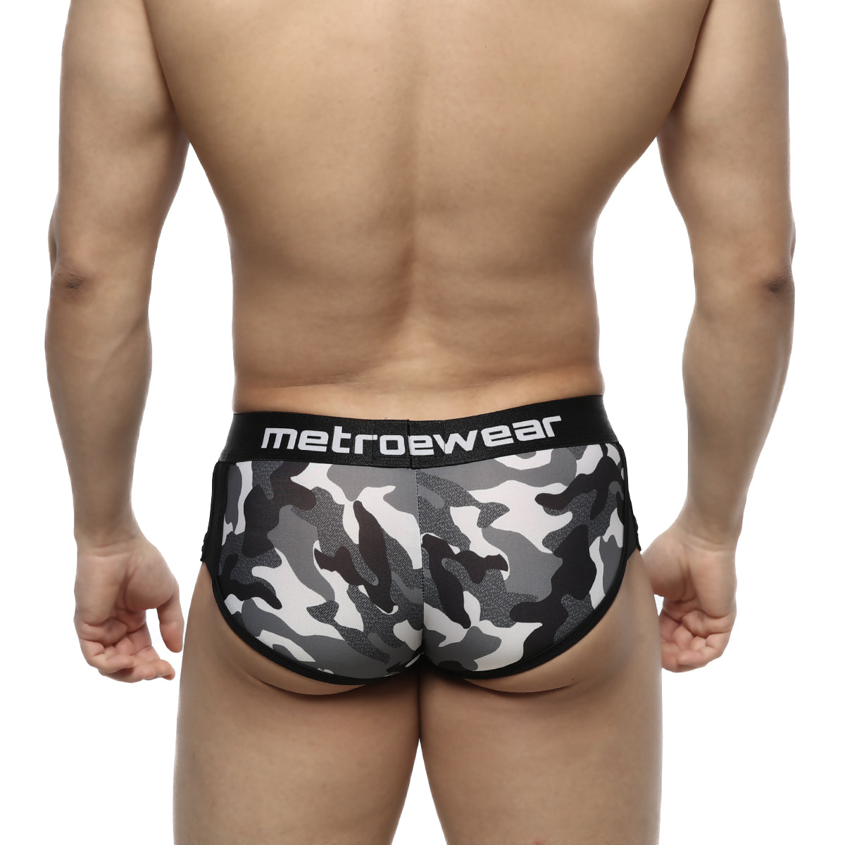 MetroMaleWear active boxer briefs in black and gray camouflage with a black waistband featuring the brand name