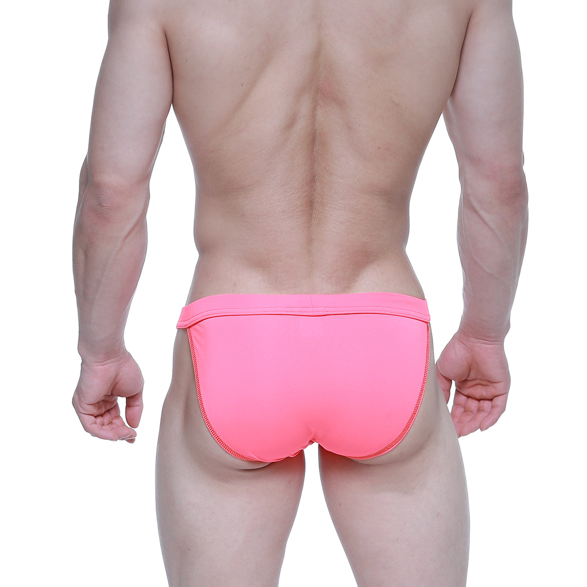 Bright pink MetroMaleWear Plano bikini swim trunks with snug fit and matching side seam zipper detail