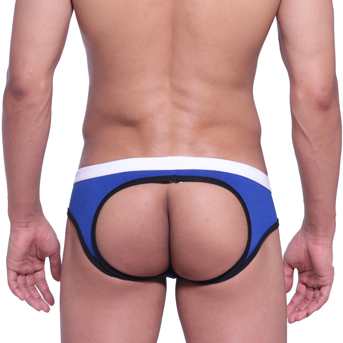 MetroMaleWear Bare lowrise jock strap in blue and white thong style with black trim for comfortable support