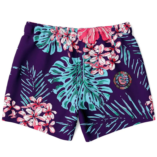 Men's swim shorts by Maris Equi in purple with vibrant floral print and elastic waistband featuring a logo patch.