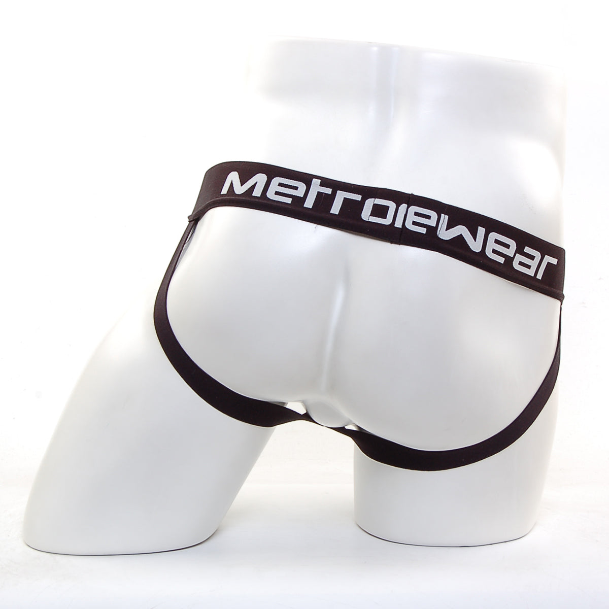Black metrowear briefs with sleek form-fitting design and white lettering on waistband from MetroMaleWear Bosillo Jock Strap Navy 3501-28