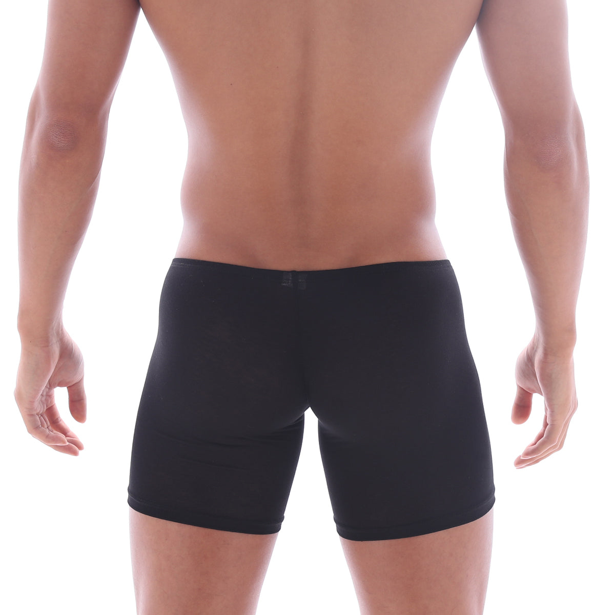 Black form-fitting boxer briefs with smooth stretchy fabric and minimalist design metro male wear bosillo long boxer